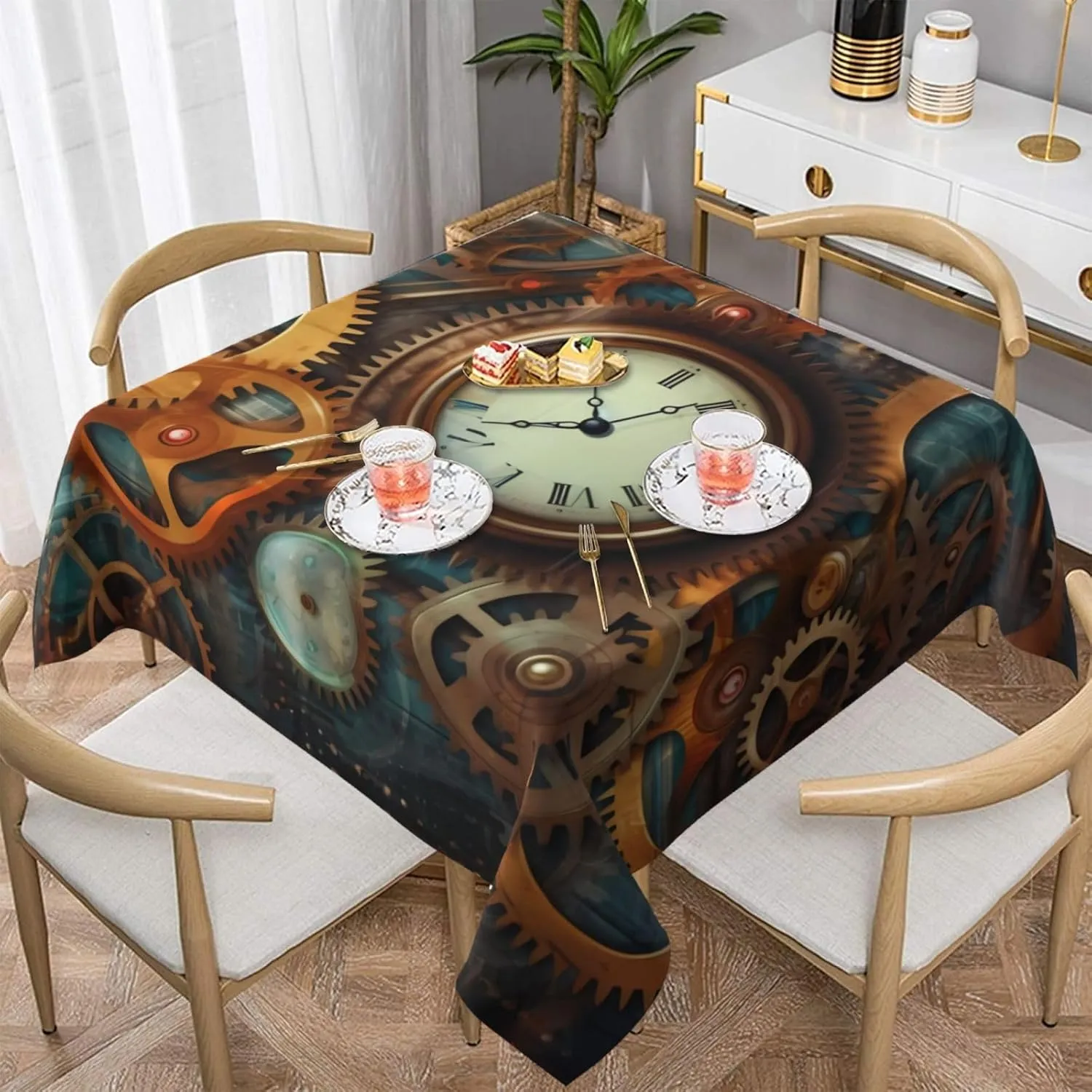 Clocks and Gears Printed Square Tablecloth, Waterproof Table Cloth Wipeable Table Cover for Home Kitchen Dining Party Indoor and Outdoor 54"X54"