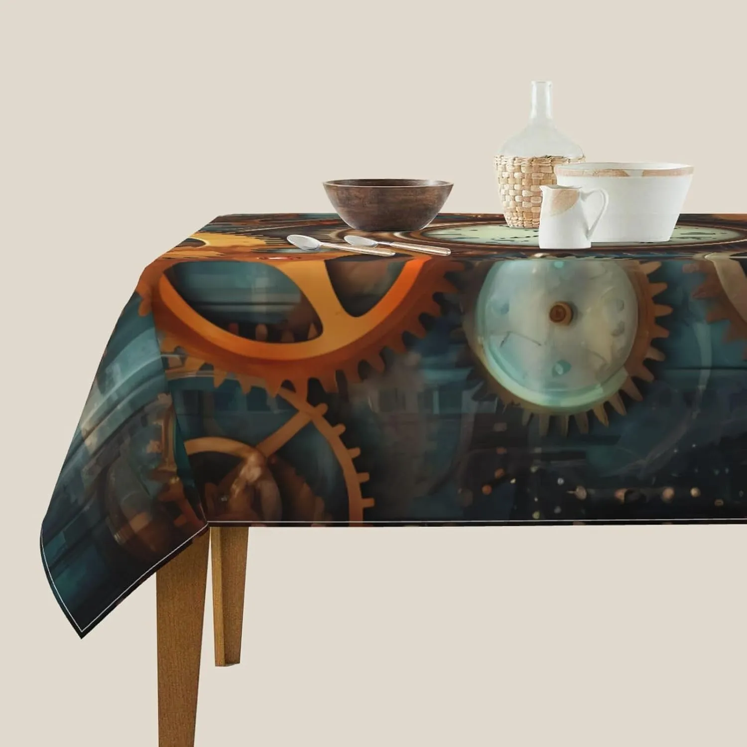 Clocks and Gears Printed Square Tablecloth, Waterproof Table Cloth Wipeable Table Cover for Home Kitchen Dining Party Indoor and Outdoor 54"X54"