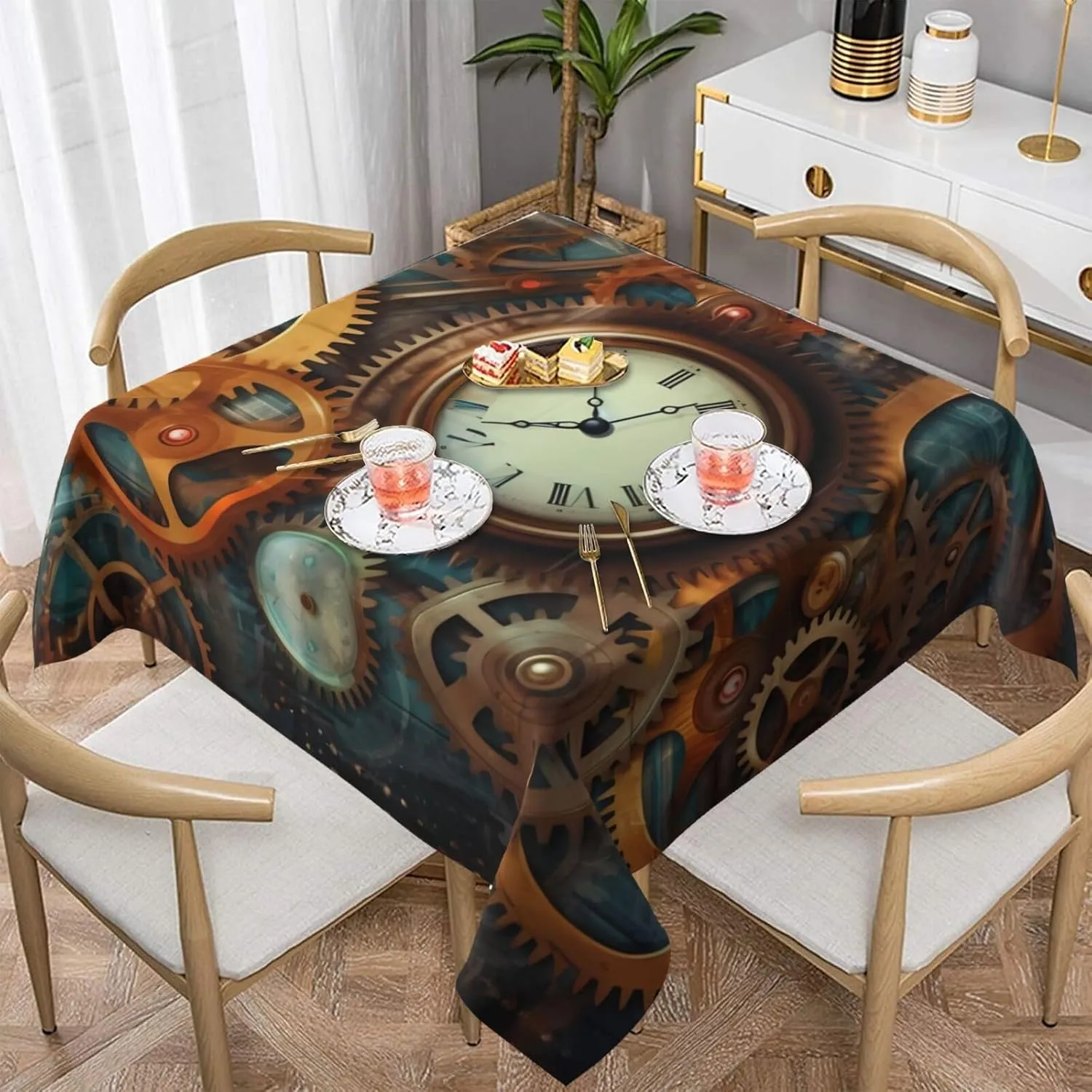 Clocks and Gears Printed Square Tablecloth, Waterproof Table Cloth Wipeable Table Cover for Home Kitchen Dining Party Indoor and Outdoor 54"X54"