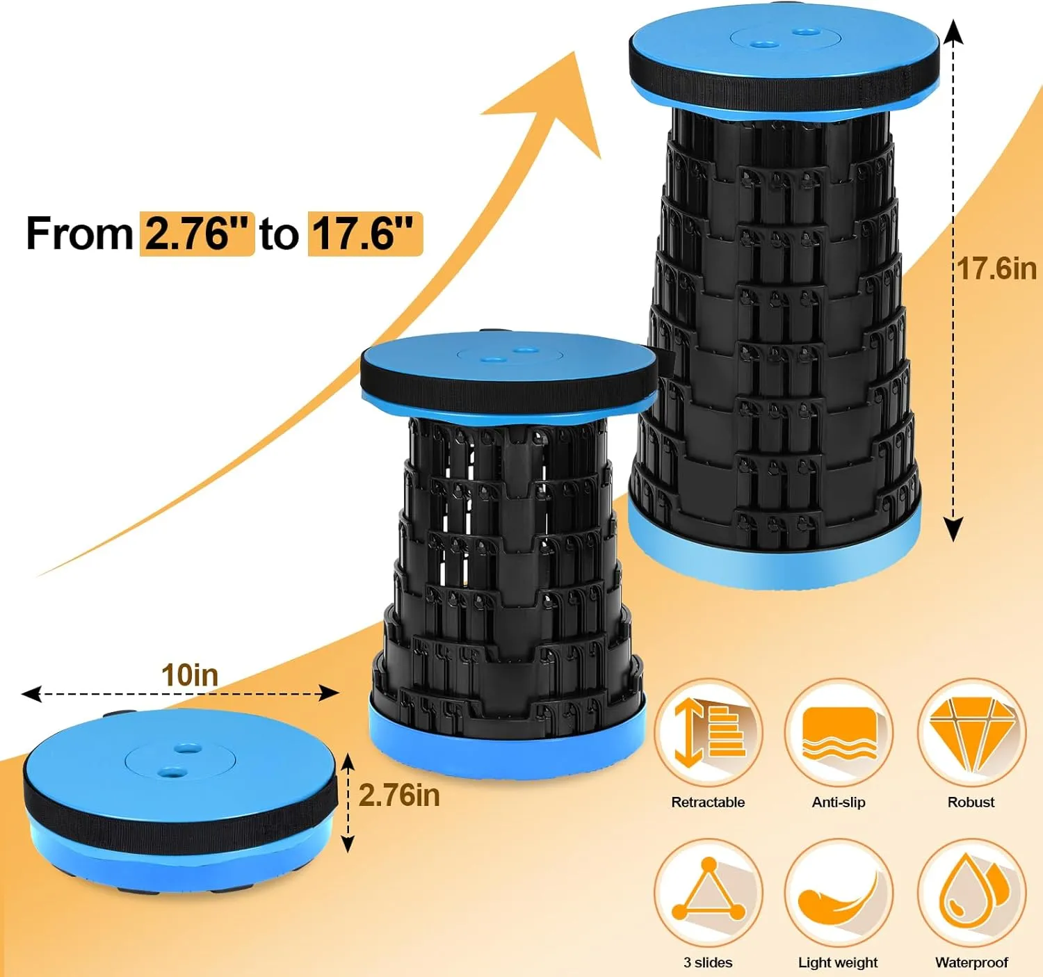 Collapsible Stool - Upgraded with 3 Slides Load Capacity 600lbs, Folding Camping Stool with 3-in-1 Carry Bag, Lightweight Sturdy Retractable Suitable for Camping Fishing Hiking BBQ (Blue)