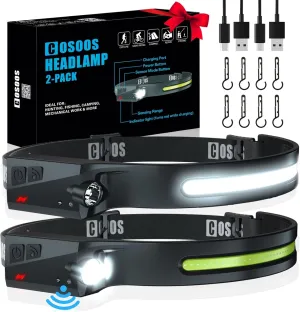 COSOOS Original 2 Rechargeable Headlamps, Bright LED Headlamp Flashlight 1000 Lumen, 230 ° Wide Beam & Spot Light, Motion Sensor, 2.4 oz Head Lamp with Clips for Hardhat, Camping, Hiking