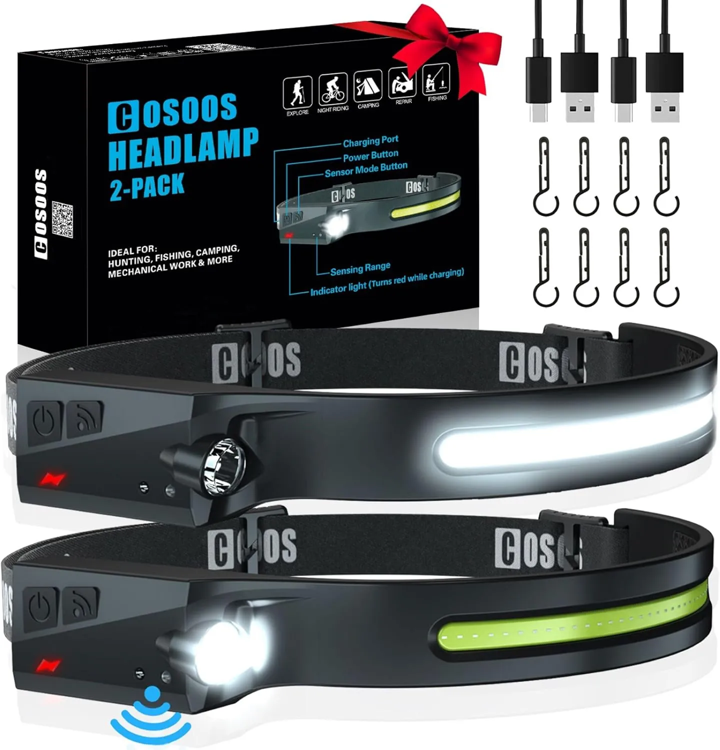 COSOOS Original 2 Rechargeable Headlamps, Bright LED Headlamp Flashlight 1000 Lumen, 230 ° Wide Beam & Spot Light, Motion Sensor, 2.4 oz Head Lamp with Clips for Hardhat, Camping, Hiking