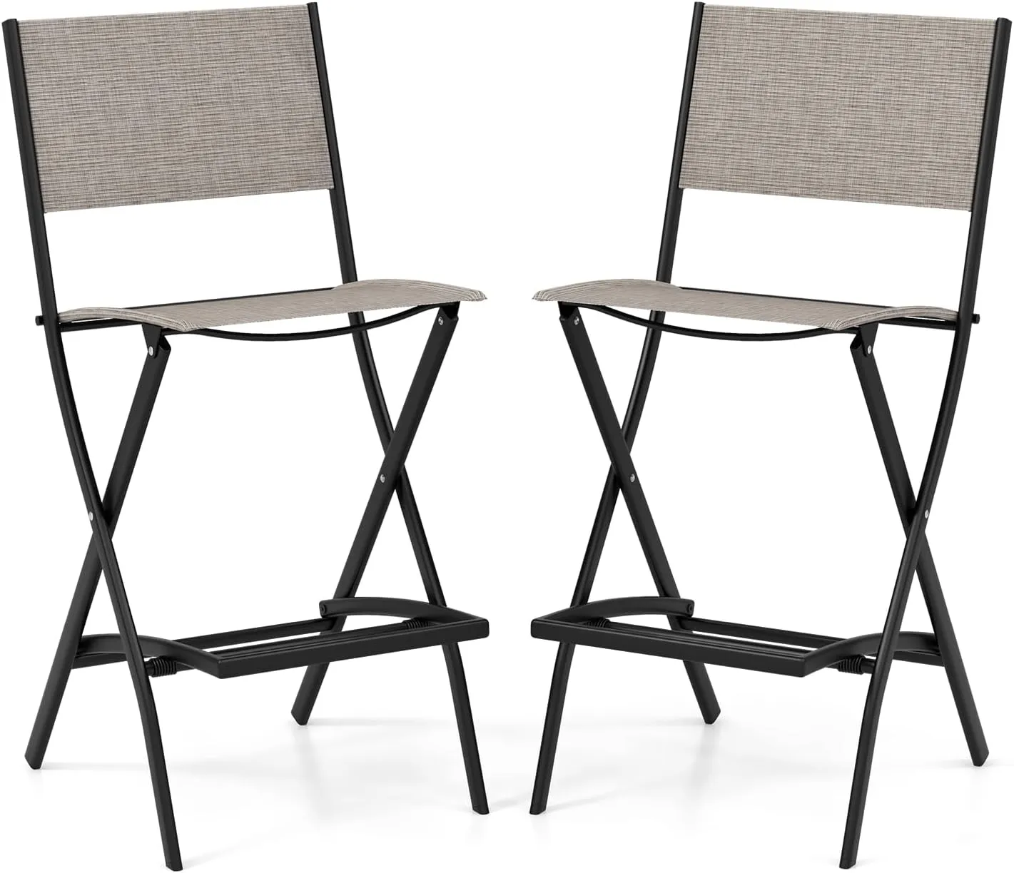 COSTWAY Outdoor Patio Bar Chair Set of 2, Folding Bar Height Stool with Metal Frame & Footrest, Patio Bar Stool for Balcony, Garden & Poolside (2, Coffee)