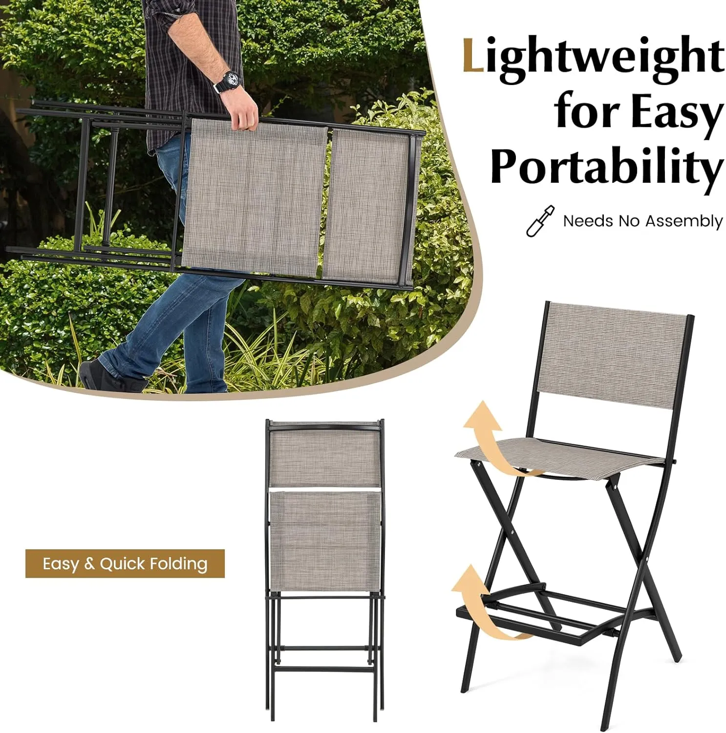 COSTWAY Outdoor Patio Bar Chair Set of 2, Folding Bar Height Stool with Metal Frame & Footrest, Patio Bar Stool for Balcony, Garden & Poolside (2, Coffee)