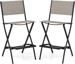 COSTWAY Outdoor Patio Bar Chair Set of 2, Folding Bar Height Stool with Metal Frame & Footrest, Patio Bar Stool for Balcony, Garden & Poolside (2, Coffee)