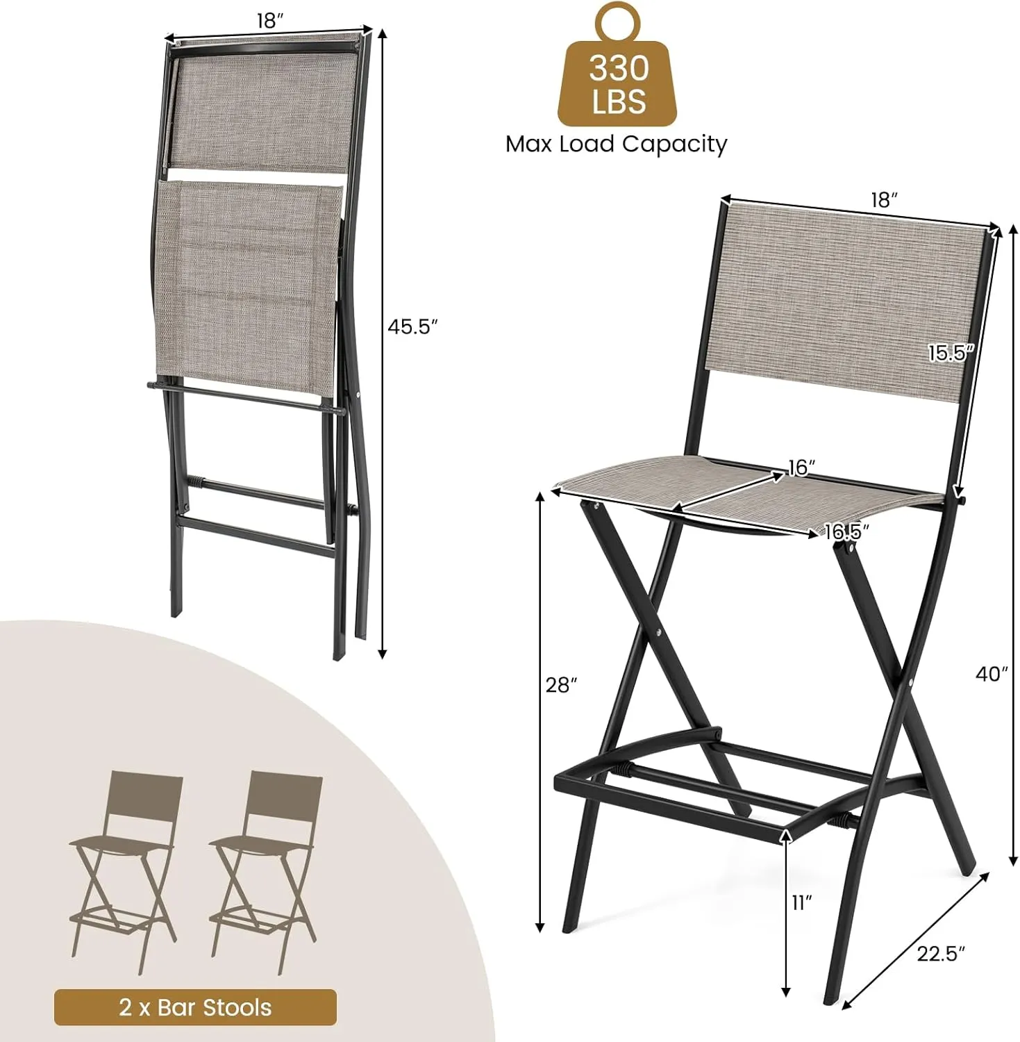 COSTWAY Outdoor Patio Bar Chair Set of 2, Folding Bar Height Stool with Metal Frame & Footrest, Patio Bar Stool for Balcony, Garden & Poolside (2, Coffee)