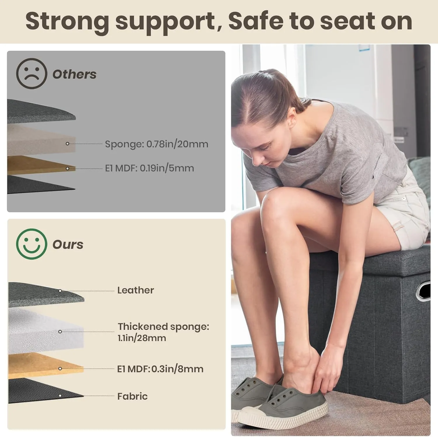 COSYLAND Collapsible Fabric Ottoman Footrest with Storage - Folding Foot Stool Furniture with Handles - Toy Chest Linen Gray - 16.5x16.5x10.6in - Charcoal