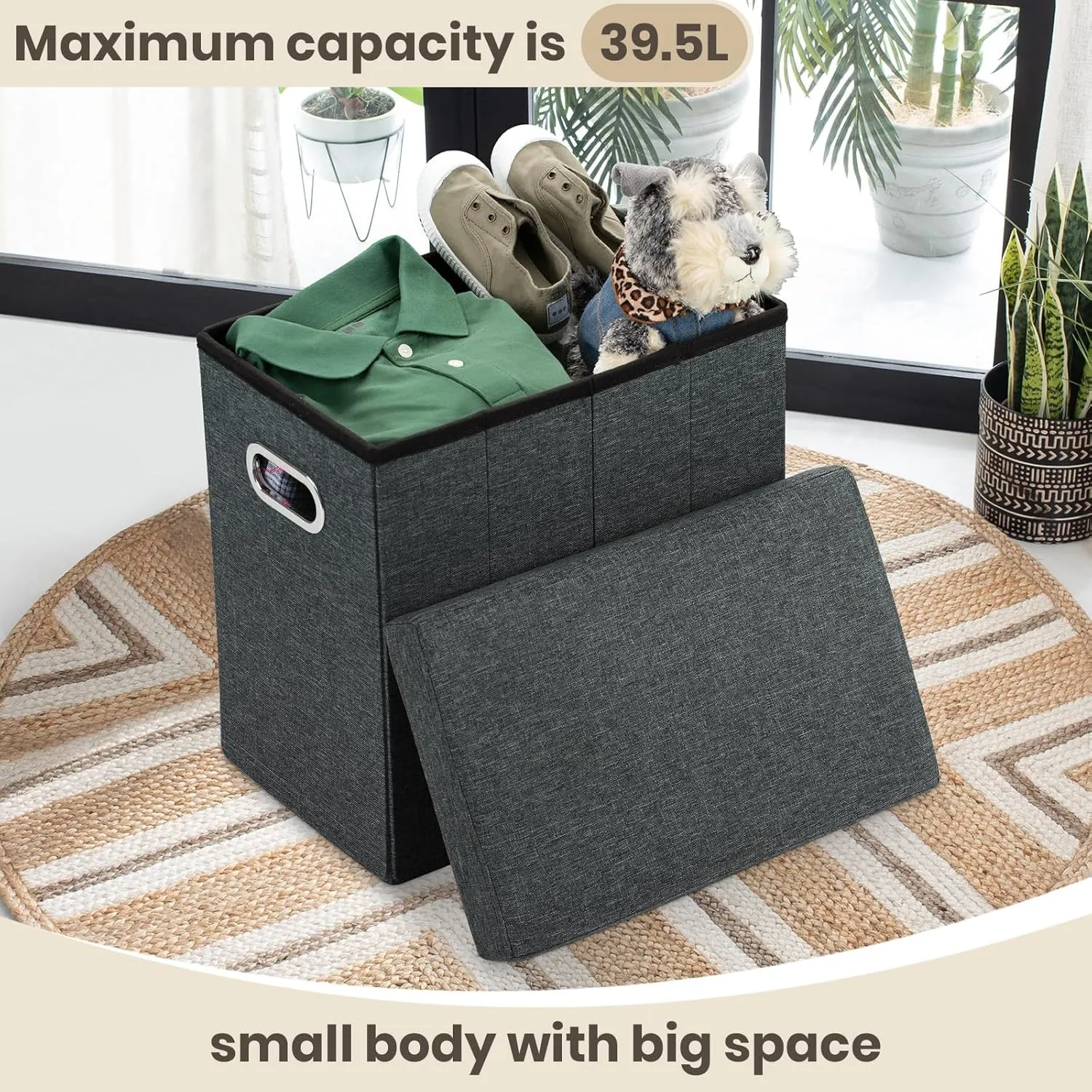 COSYLAND Collapsible Fabric Ottoman Footrest with Storage - Folding Foot Stool Furniture with Handles - Toy Chest Linen Gray - 16.5x16.5x10.6in - Charcoal