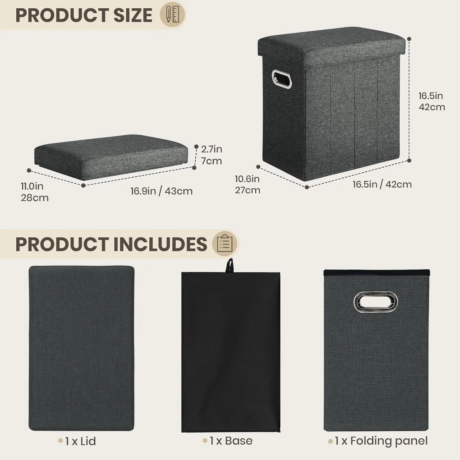 COSYLAND Collapsible Fabric Ottoman Footrest with Storage - Folding Foot Stool Furniture with Handles - Toy Chest Linen Gray - 16.5x16.5x10.6in - Charcoal
