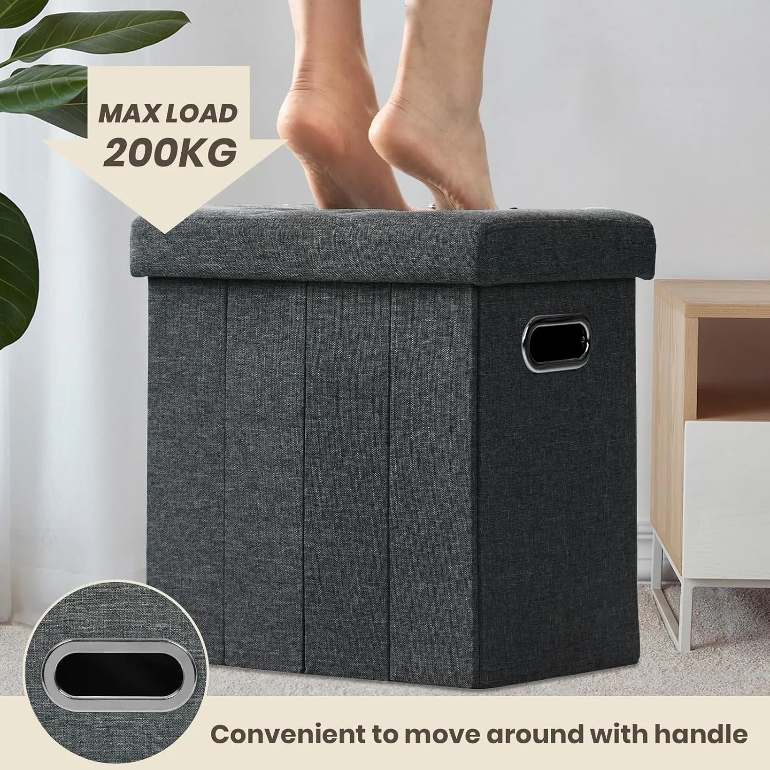 COSYLAND Collapsible Fabric Ottoman Footrest with Storage - Folding Foot Stool Furniture with Handles - Toy Chest Linen Gray - 16.5x16.5x10.6in - Charcoal