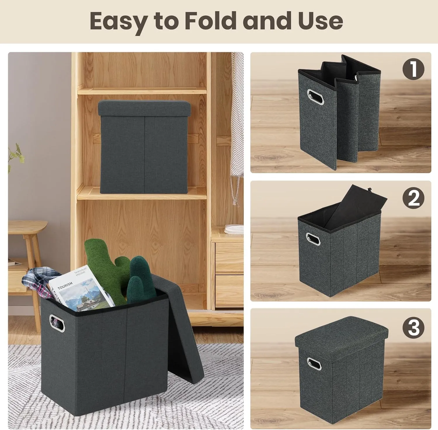COSYLAND Collapsible Fabric Ottoman Footrest with Storage - Folding Foot Stool Furniture with Handles - Toy Chest Linen Gray - 16.5x16.5x10.6in - Charcoal