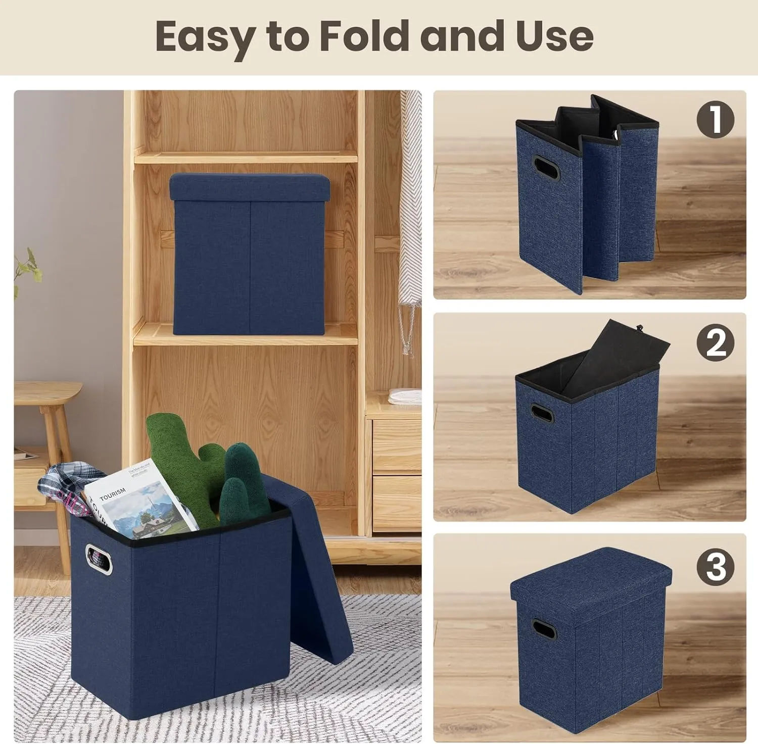COSYLAND Collapsible Fabric Ottoman with Storage - Folding Footrest Stool - Gray 16.5x16.5x10.6in