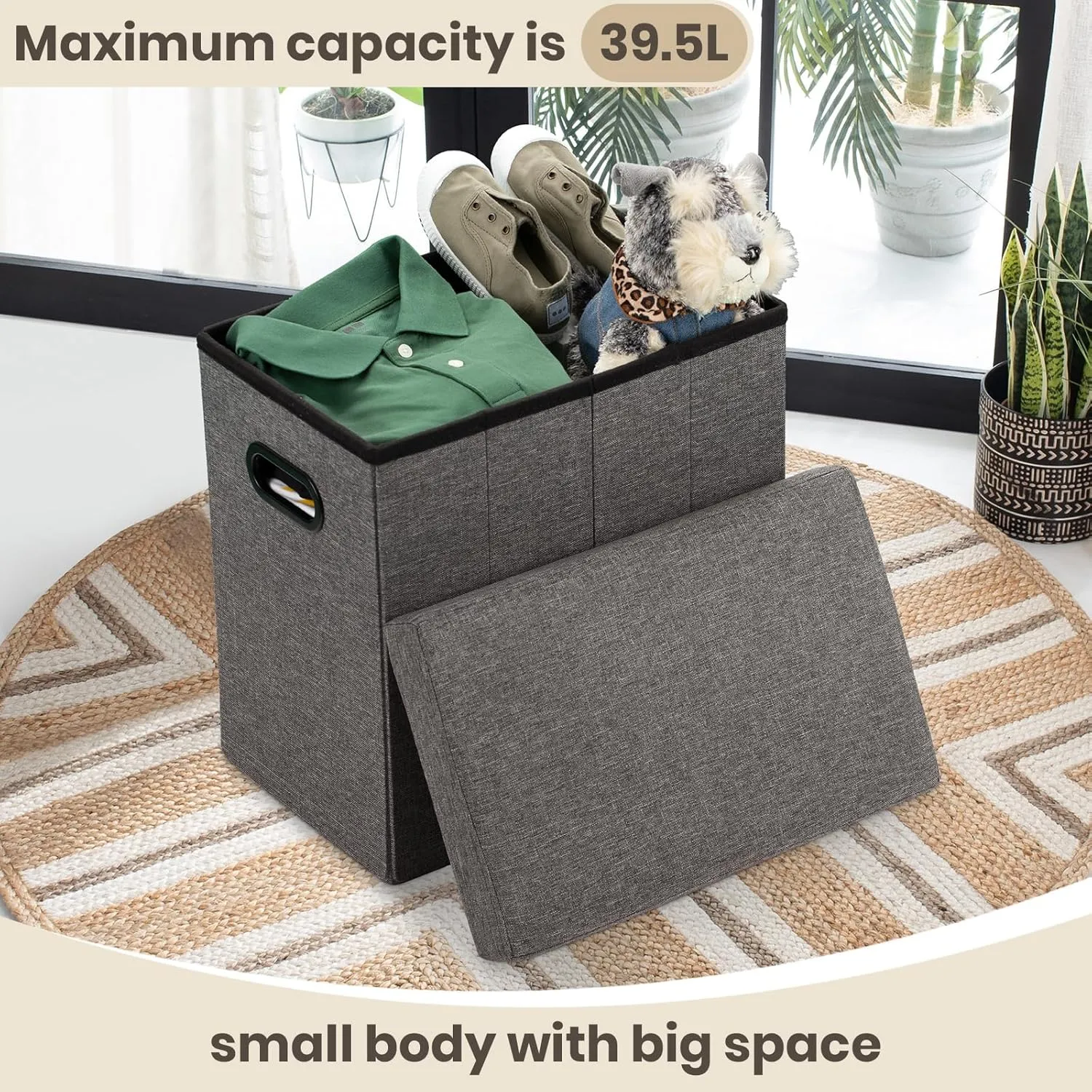 COSYLAND Ottoman with Storage Collapsible Fabric Ottoman- Footrest Foot Stool for Room, Slim Tall Folding Ottoman Furniture with Handles Lid Toy Chest Linen - Gray - 16.5x16.5x10.6in