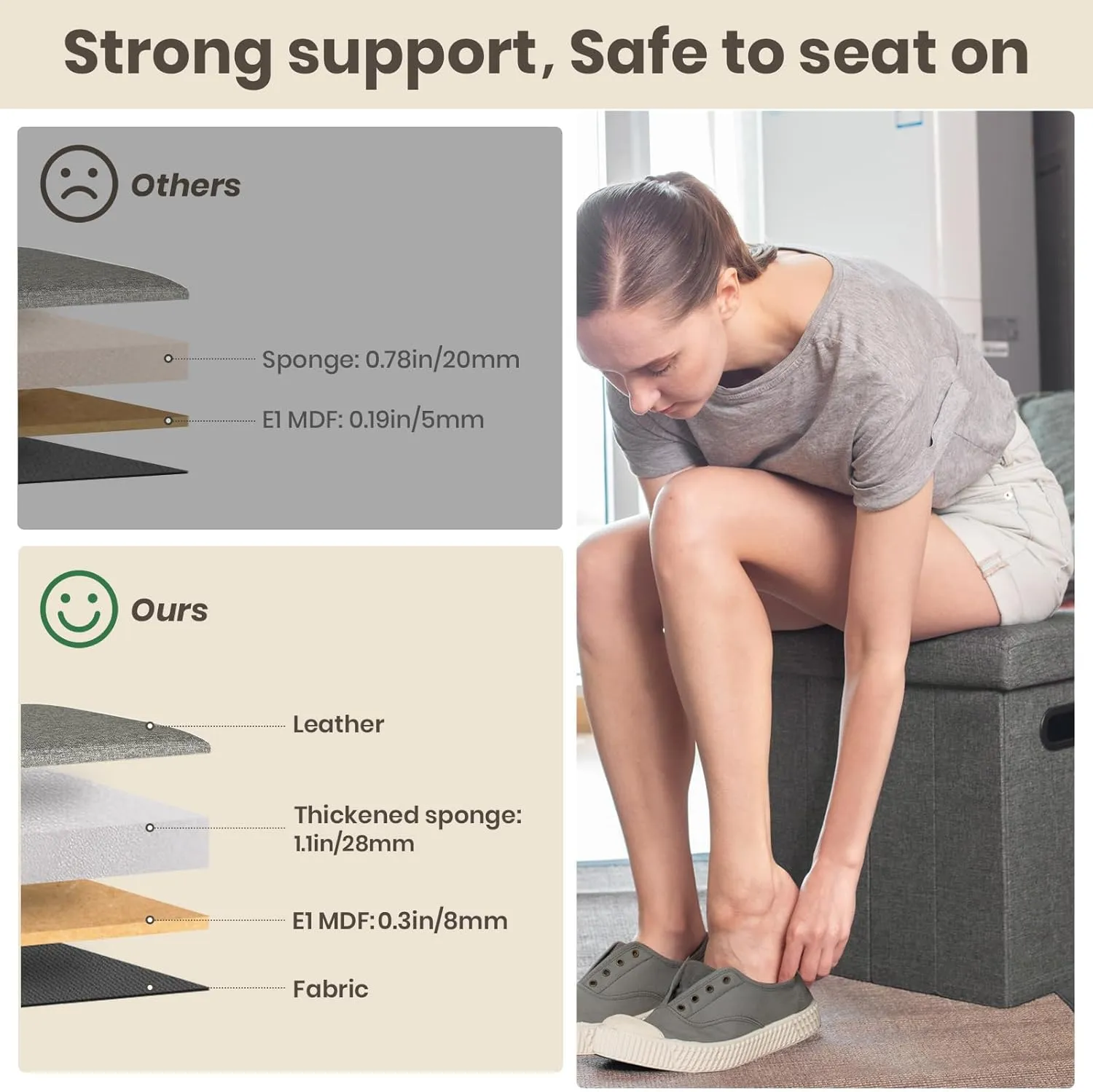 COSYLAND Ottoman with Storage Collapsible Fabric Ottoman- Footrest Foot Stool for Room, Slim Tall Folding Ottoman Furniture with Handles Lid Toy Chest Linen - Gray - 16.5x16.5x10.6in