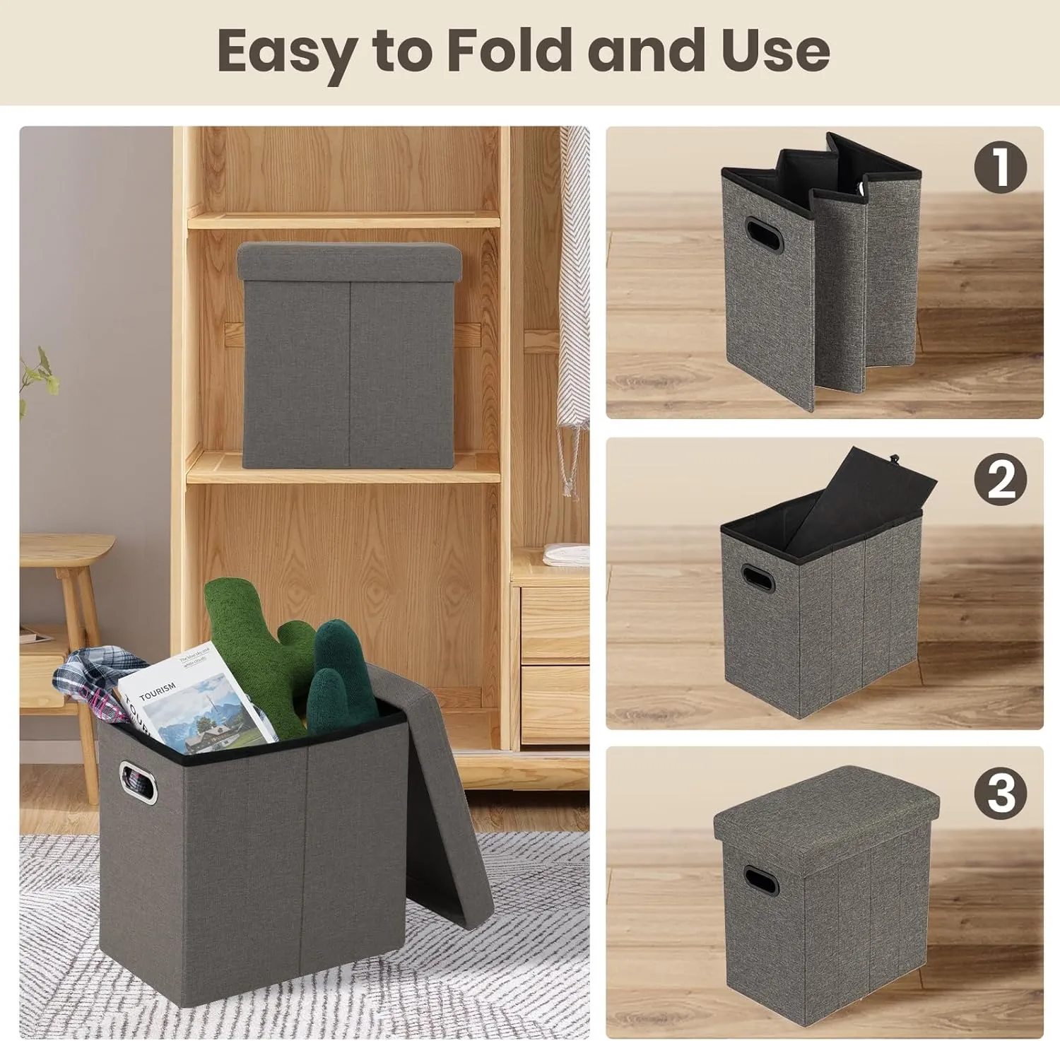 COSYLAND Ottoman with Storage Collapsible Fabric Ottoman- Footrest Foot Stool for Room, Slim Tall Folding Ottoman Furniture with Handles Lid Toy Chest Linen - Gray - 16.5x16.5x10.6in