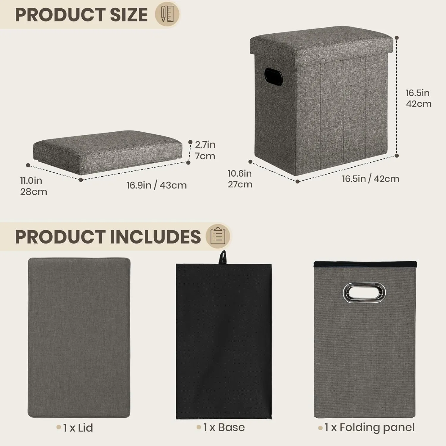 COSYLAND Ottoman with Storage Collapsible Fabric Ottoman- Footrest Foot Stool for Room, Slim Tall Folding Ottoman Furniture with Handles Lid Toy Chest Linen - Gray - 16.5x16.5x10.6in