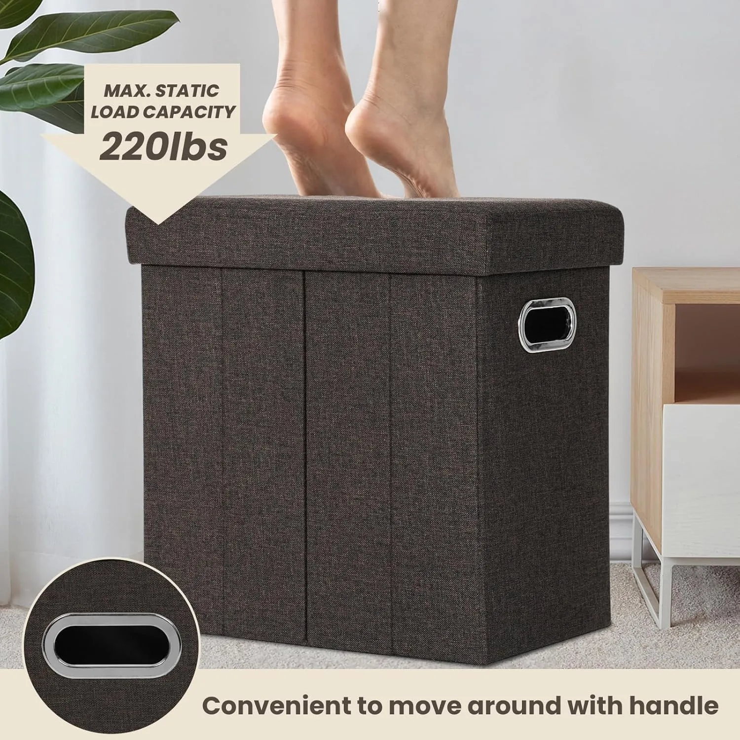 COSYLAND Ottoman with Storage Collapsible Fabric Ottoman Footrest Foot Stool for Room Small Slim Tall Folding Furniture with Handles Lid Toy Chest Linen 16.5x16.5x10.6in Chocolate