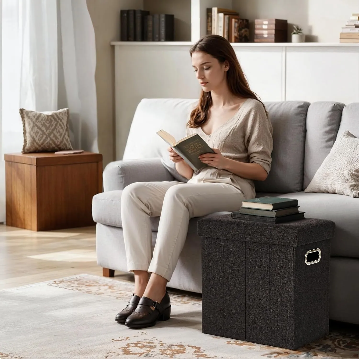 COSYLAND Ottoman with Storage Collapsible Fabric Ottoman Footrest Foot Stool for Room Small Slim Tall Folding Furniture with Handles Lid Toy Chest Linen 16.5x16.5x10.6in Chocolate