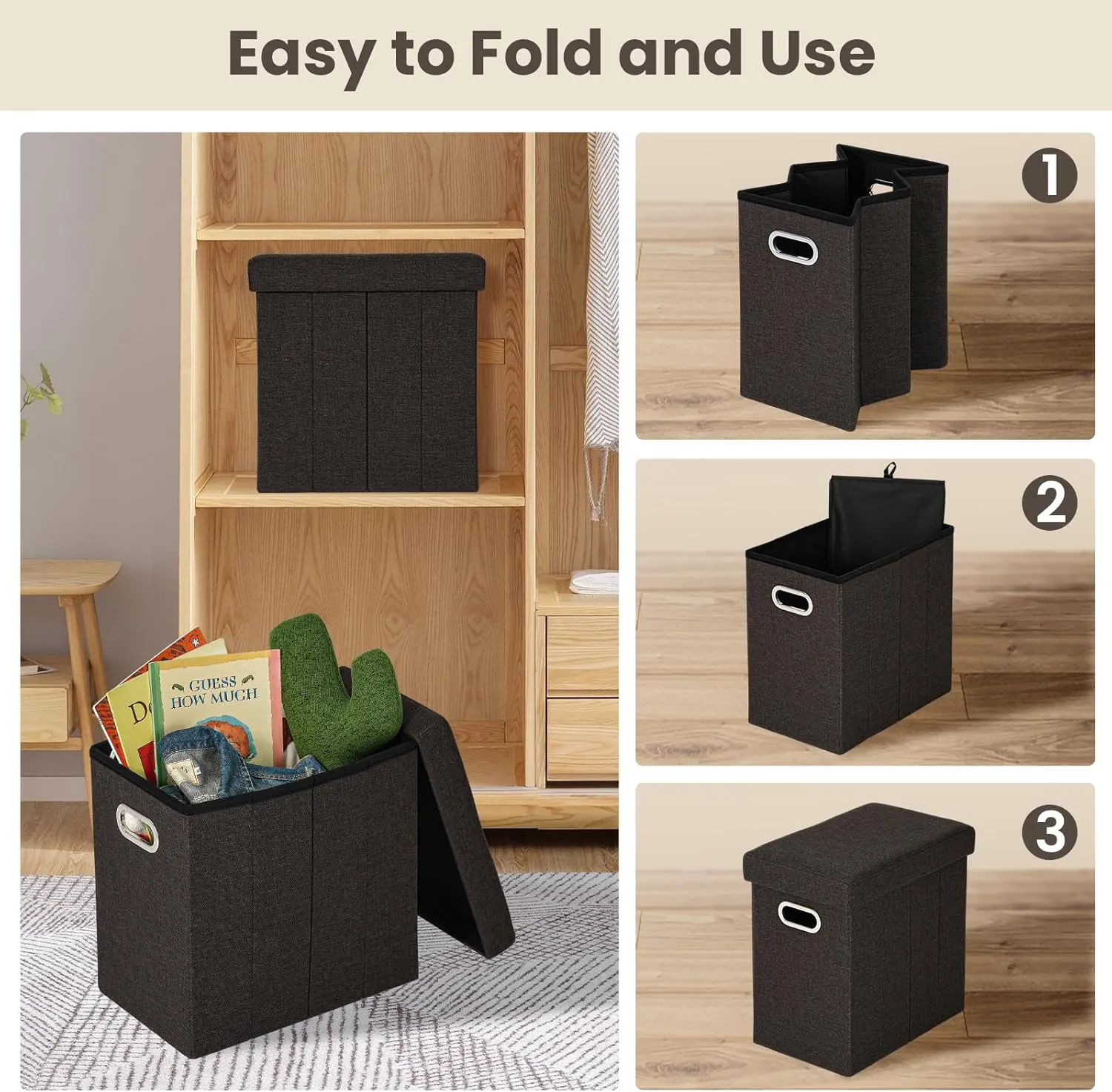 COSYLAND Ottoman with Storage Collapsible Fabric Ottoman Footrest Foot Stool for Room Small Slim Tall Folding Furniture with Handles Lid Toy Chest Linen 16.5x16.5x10.6in Chocolate
