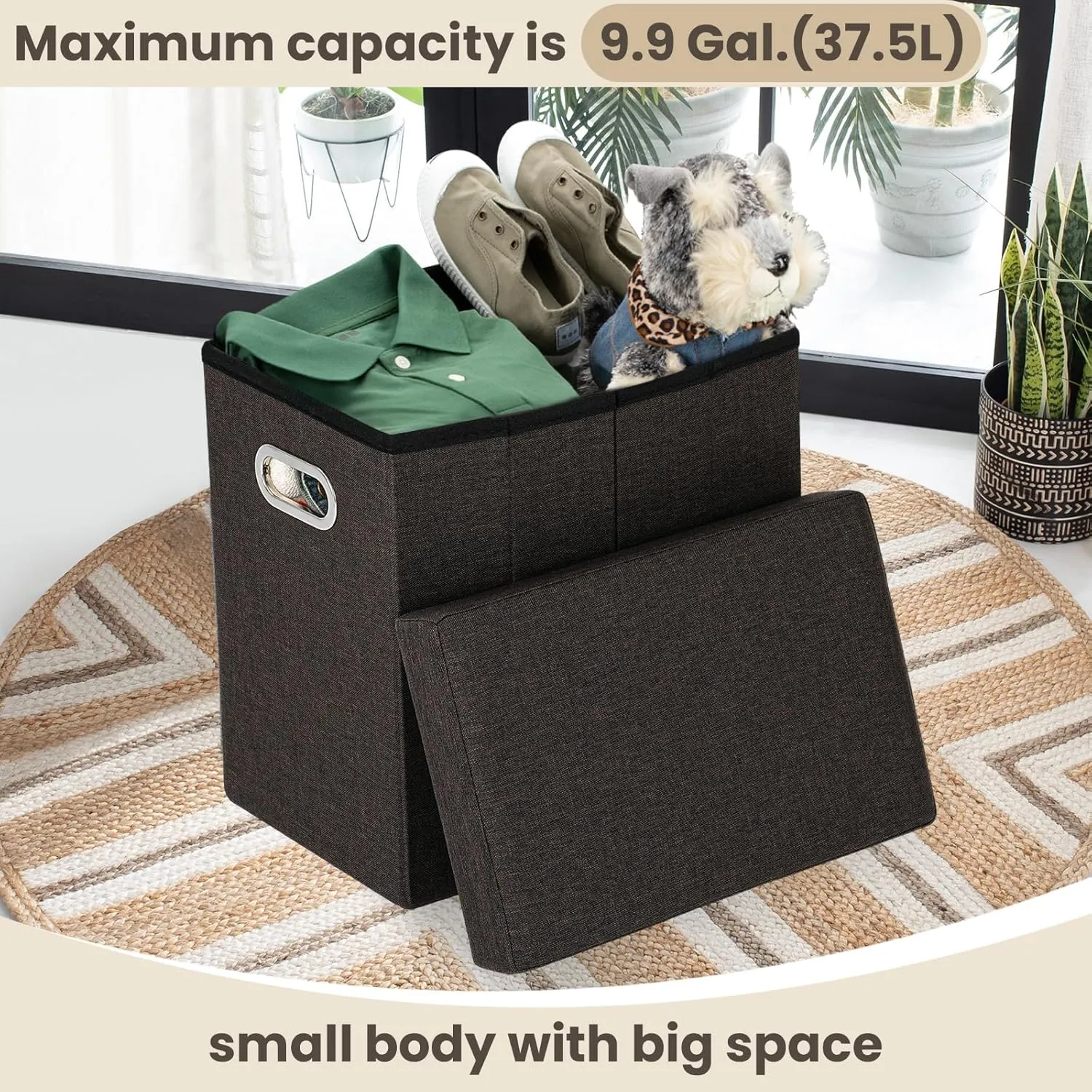 COSYLAND Ottoman with Storage Collapsible Fabric Ottoman Footrest Foot Stool for Room Small Slim Tall Folding Furniture with Handles Lid Toy Chest Linen 16.5x16.5x10.6in Chocolate