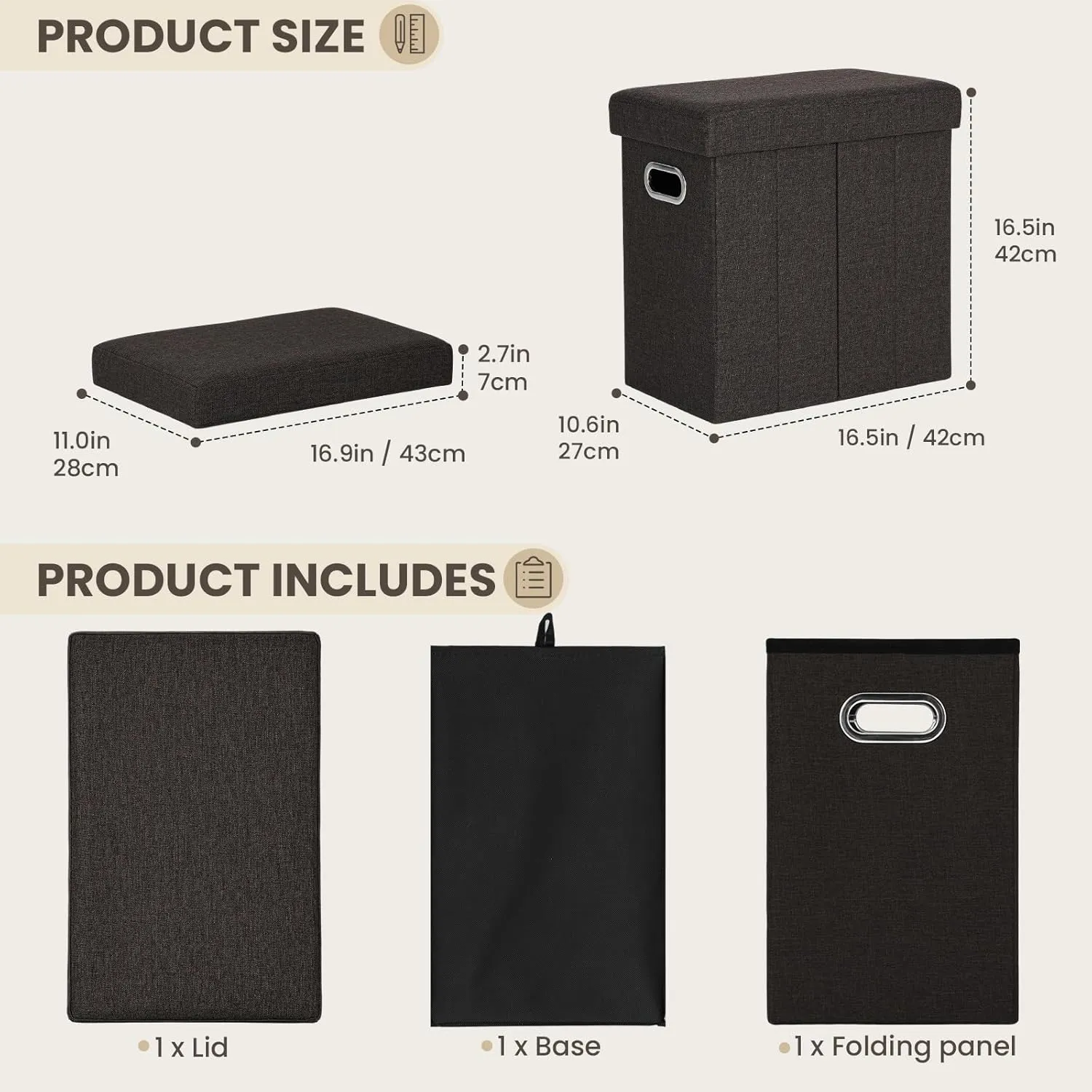 COSYLAND Ottoman with Storage Collapsible Fabric Ottoman Footrest Foot Stool for Room Small Slim Tall Folding Furniture with Handles Lid Toy Chest Linen 16.5x16.5x10.6in Chocolate