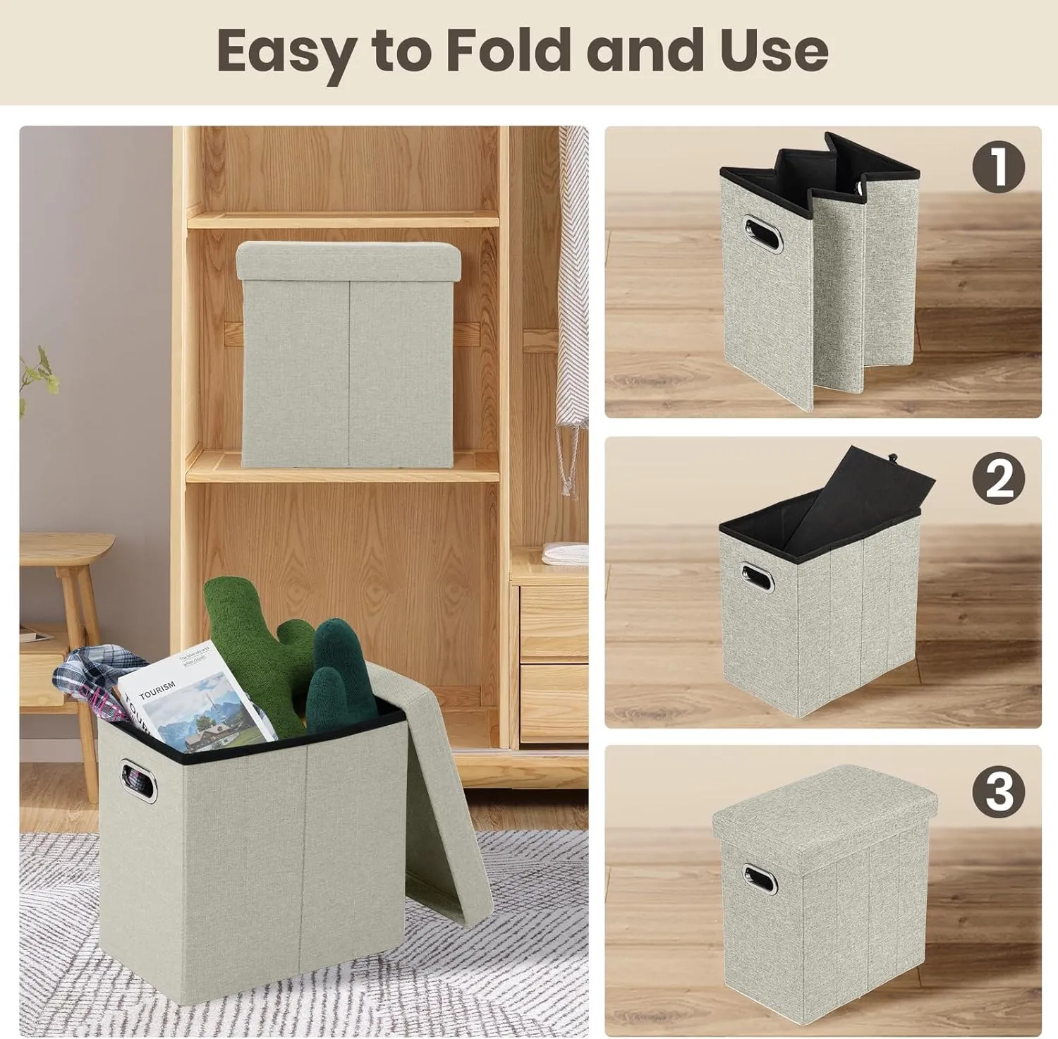 COSYLAND Ottoman with Storage Collapsible Fabric Ottoman Footrest Foot Stool for Room Small Slim Tall Folding Furniture with Handles Lid Toy Chest Linen Gray 16.5x16.5x10.6in Ecru