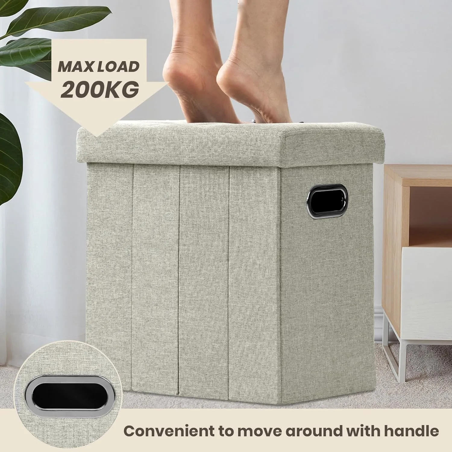 COSYLAND Ottoman with Storage Collapsible Fabric Ottoman Footrest Foot Stool for Room Small Slim Tall Folding Furniture with Handles Lid Toy Chest Linen Gray 16.5x16.5x10.6in Ecru