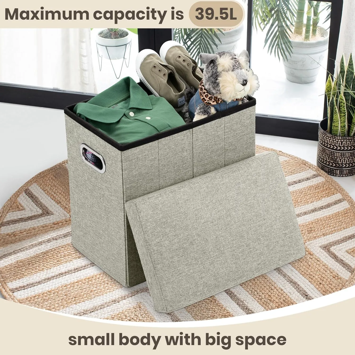 COSYLAND Ottoman with Storage Collapsible Fabric Ottoman Footrest Foot Stool for Room Small Slim Tall Folding Furniture with Handles Lid Toy Chest Linen Gray 16.5x16.5x10.6in Ecru