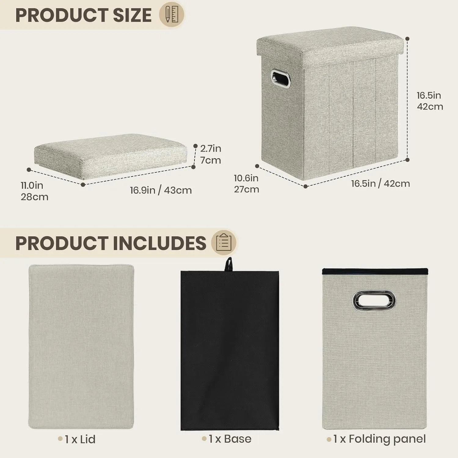 COSYLAND Ottoman with Storage Collapsible Fabric Ottoman Footrest Foot Stool for Room Small Slim Tall Folding Furniture with Handles Lid Toy Chest Linen Gray 16.5x16.5x10.6in Ecru