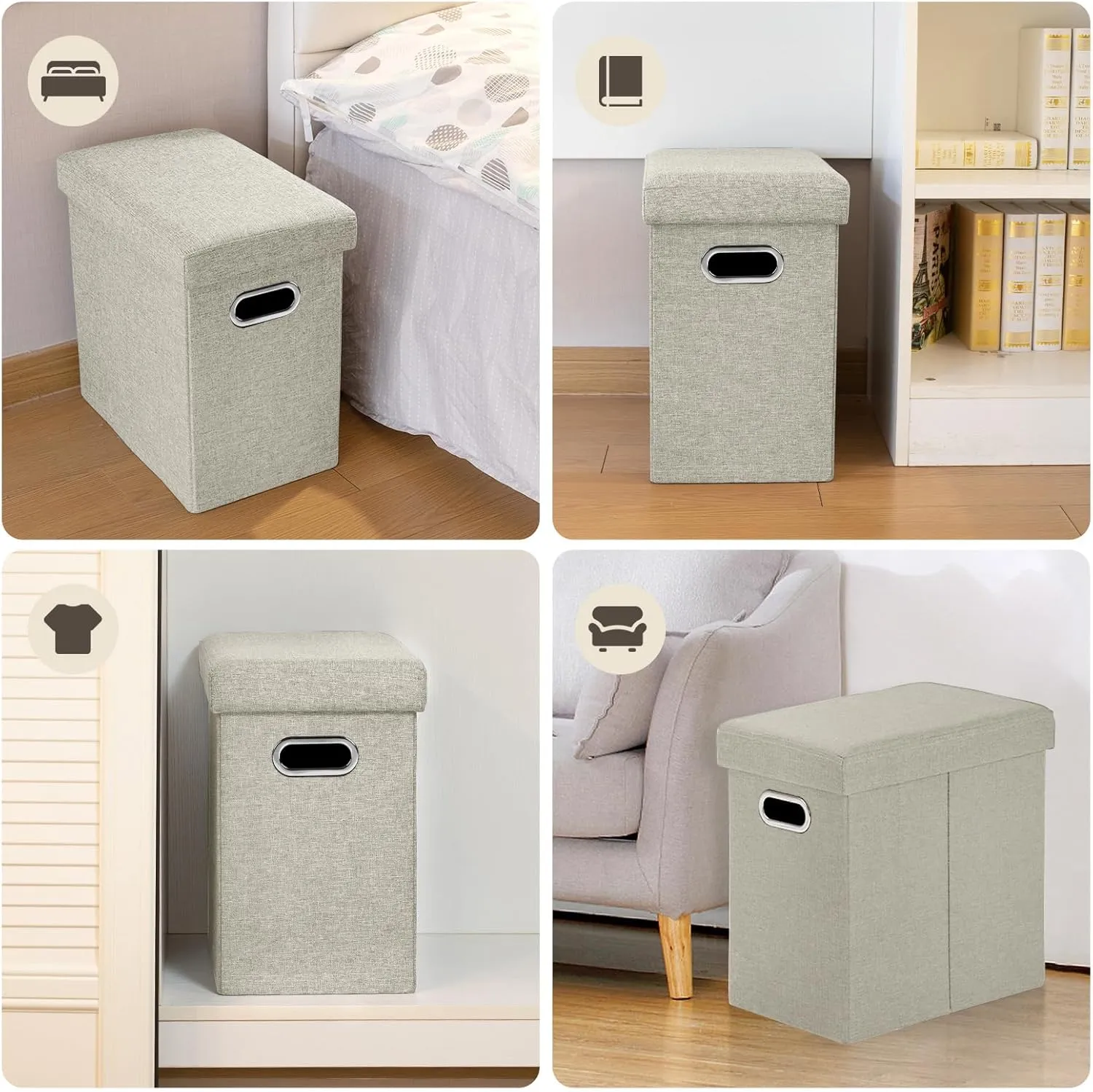 COSYLAND Ottoman with Storage Collapsible Fabric Ottoman Footrest Foot Stool for Room Small Slim Tall Folding Furniture with Handles Lid Toy Chest Linen Gray 16.5x16.5x10.6in Ecru