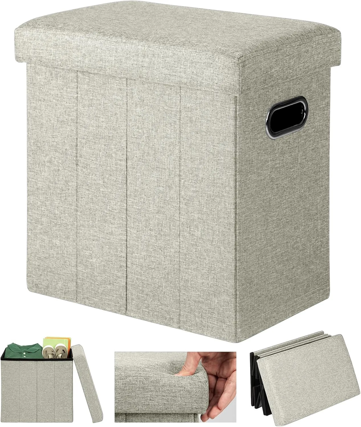 COSYLAND Ottoman with Storage Collapsible Fabric Ottoman Footrest Foot Stool for Room Small Slim Tall Folding Furniture with Handles Lid Toy Chest Linen Gray 16.5x16.5x10.6in Ecru