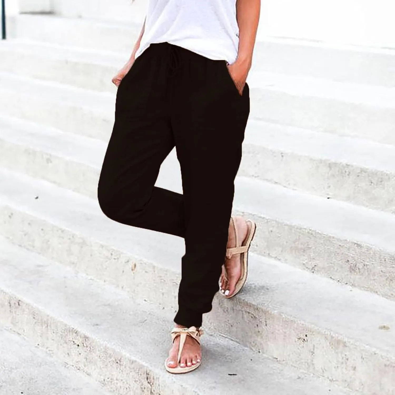 Cotton Joggers for Women Lightweight Elastic Waist Tapered Leg Sweatpants with Pockets Summer Casual Vacation Clothes