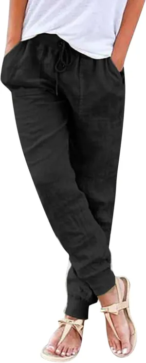 Cotton Joggers for Women Lightweight Elastic Waist Tapered Leg Sweatpants with Pockets Summer Casual Vacation Clothes