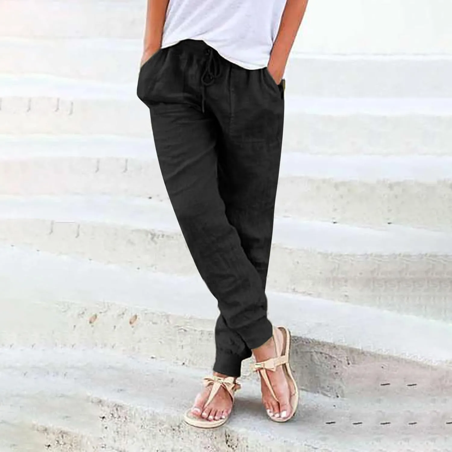 Cotton Joggers for Women Lightweight Elastic Waist Tapered Leg Sweatpants with Pockets Summer Casual Vacation Clothes