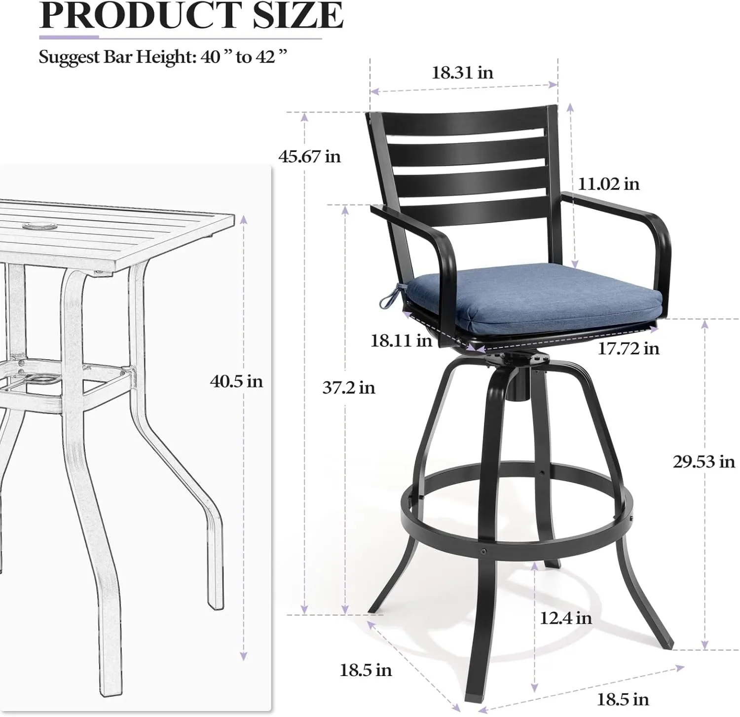 Crestlive Products Heavy Duty Cast Aluminum Outdoor Swivel Bar Stools with Sunbrella Cushion, Patio Bar Height Chair Set of 4, All Weather Black Finish for Outside, Commercial Grade(Spectrum Denim)