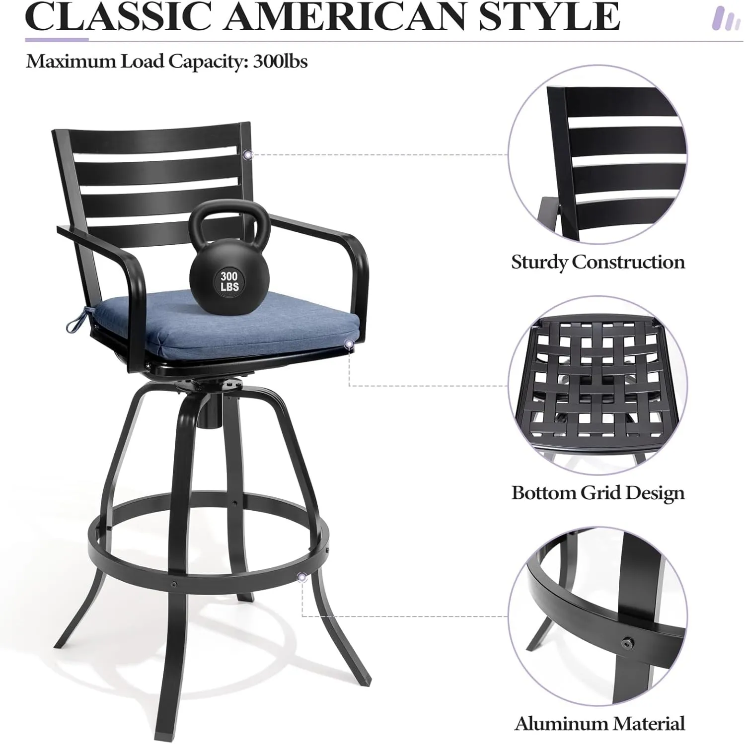 Crestlive Products Heavy Duty Cast Aluminum Outdoor Swivel Bar Stools with Sunbrella Cushion, Patio Bar Height Chair Set of 4, All Weather Black Finish for Outside, Commercial Grade(Spectrum Denim)