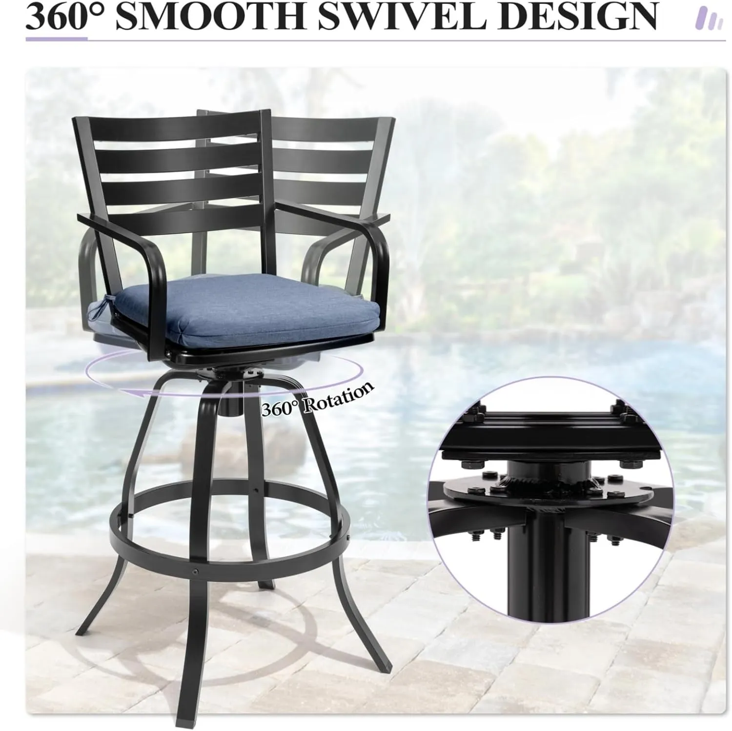 Crestlive Products Heavy Duty Cast Aluminum Outdoor Swivel Bar Stools with Sunbrella Cushion, Patio Bar Height Chair Set of 4, All Weather Black Finish for Outside, Commercial Grade(Spectrum Denim)