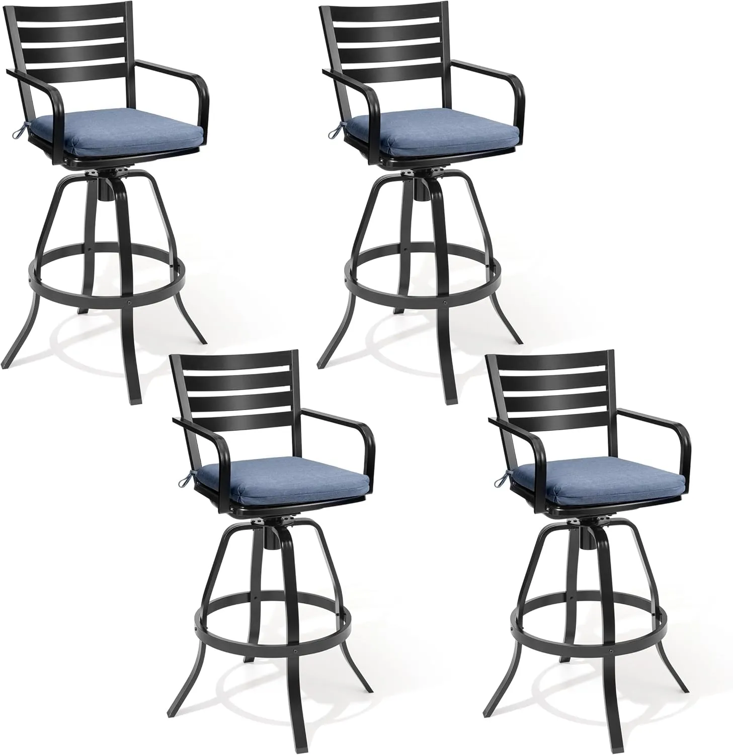 Crestlive Products Heavy Duty Cast Aluminum Outdoor Swivel Bar Stools with Sunbrella Cushion, Patio Bar Height Chair Set of 4, All Weather Black Finish for Outside, Commercial Grade(Spectrum Denim)