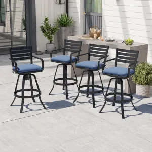Crestlive Products Heavy Duty Cast Aluminum Outdoor Swivel Bar Stools with Sunbrella Cushion, Patio Bar Height Chair Set of 4, All Weather Black Finish for Outside, Commercial Grade(Spectrum Denim)