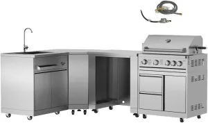 CT Copper Tailor Outdoor Kitchen Package Modular L-Shaped BBQ Grill Island,Gas Grill 4 Burners and Storage Cabinet, Kitchen Sink,Cooler Cabinet,Corner Cabinet,with Natural Gas Kit