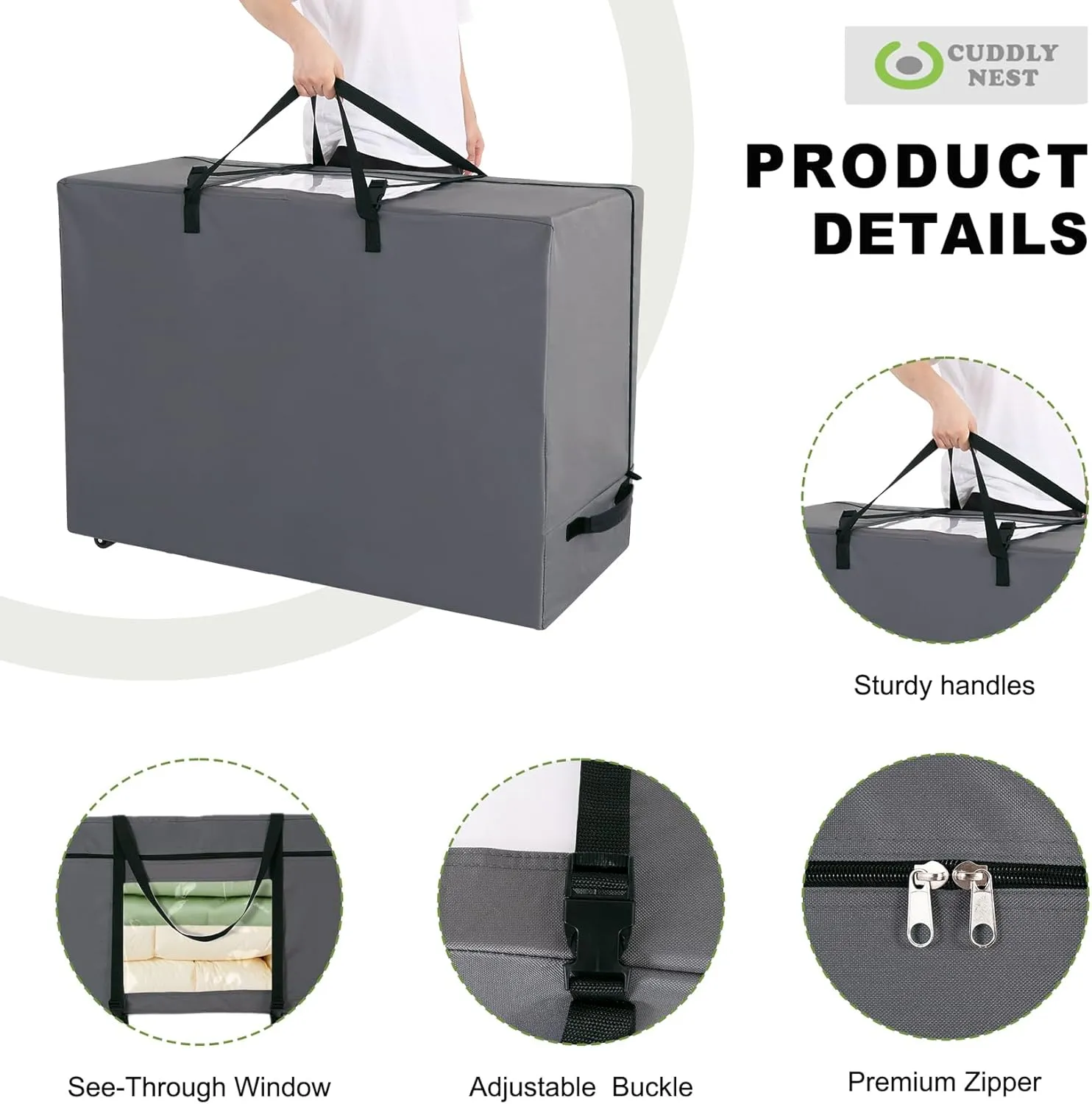 Cuddly Nest Folding Mattress Storage Bag with Wheels & Handles - 900D Heavy Duty Storage Container Fits for 4" Queen Tri-Fold Mattress,Grey