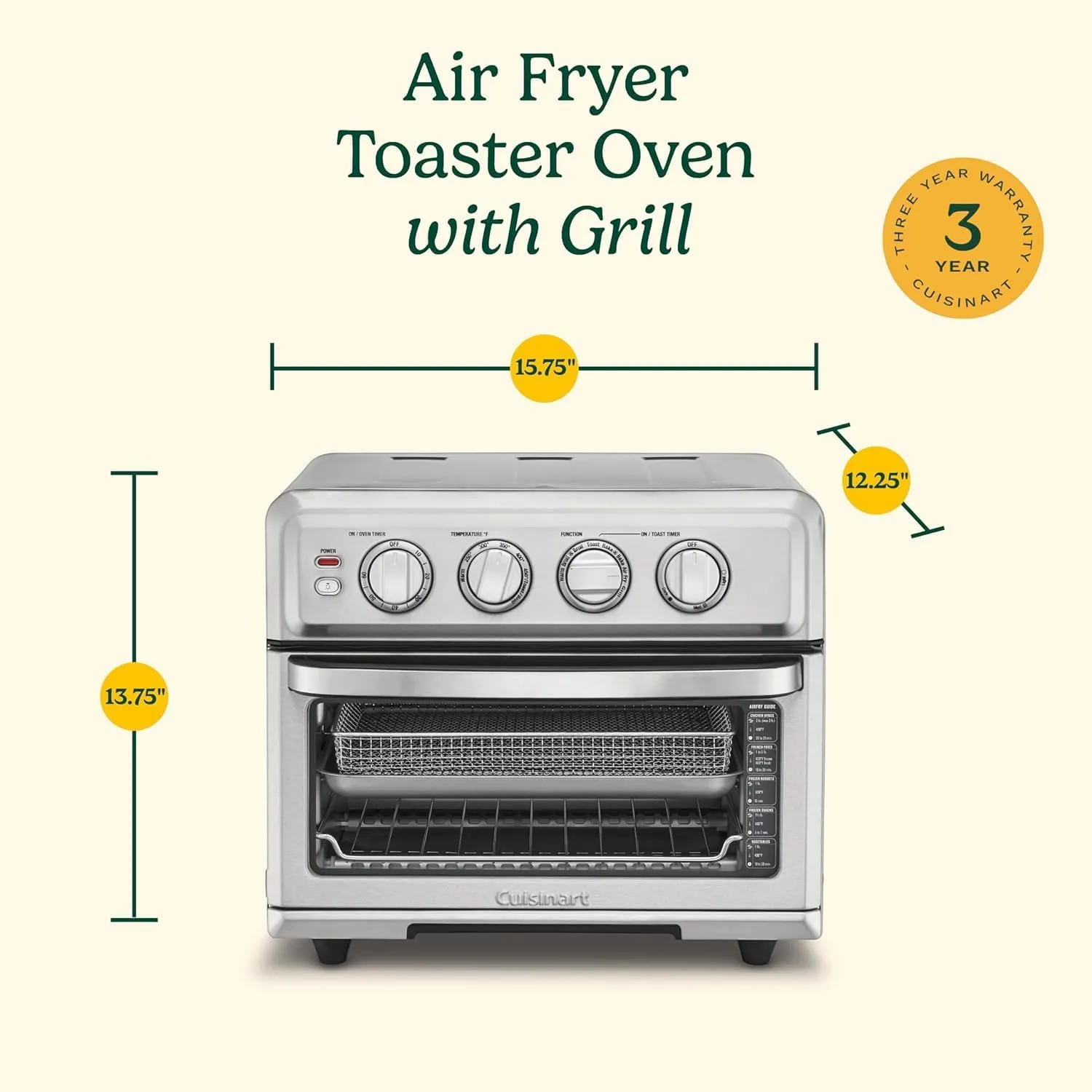Cuisinart Air Fryer   Convection Toaster Oven, 8-1 Oven with Bake, Grill, Broil & Warm Options, Stainless Steel, TOA-70