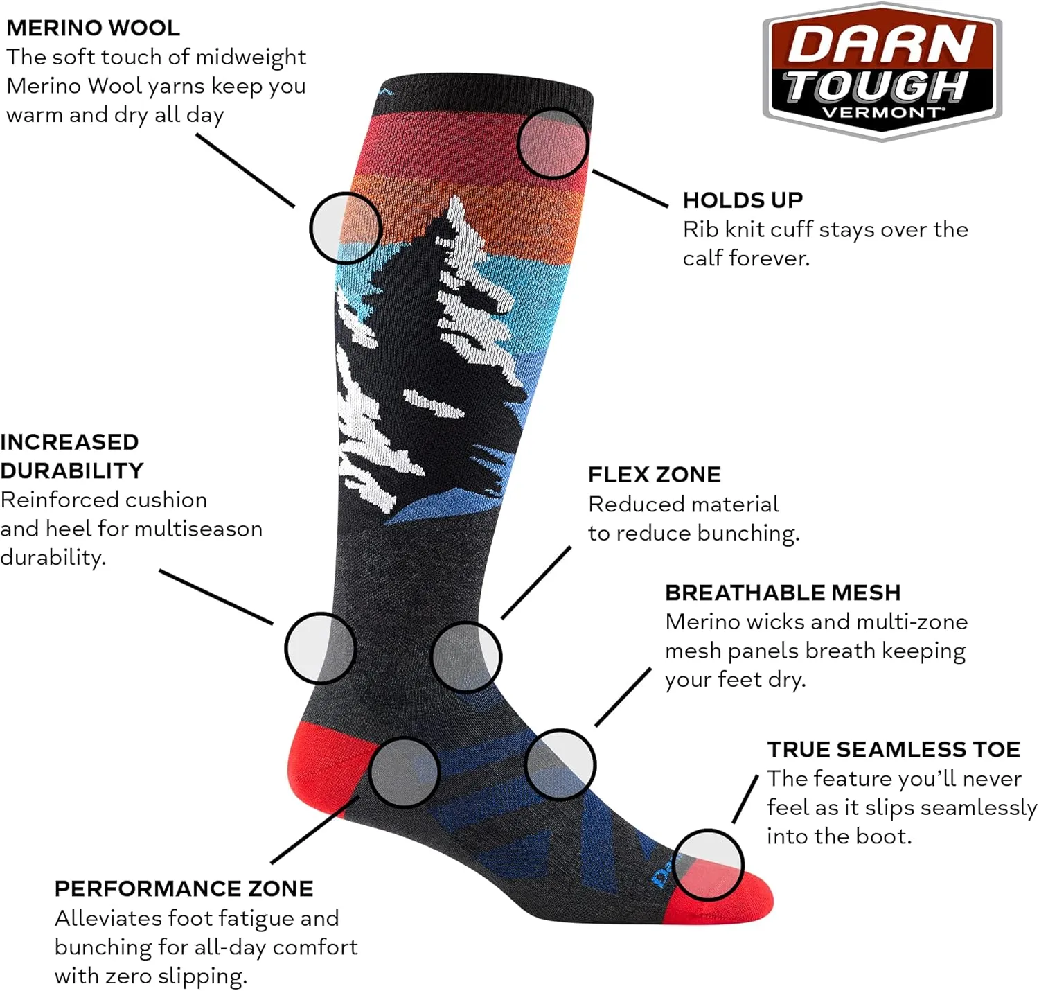 Darn Tough Men's Vermont Solstice OTC Lightweight Ski and Snowboard Sock (Style 8014) -