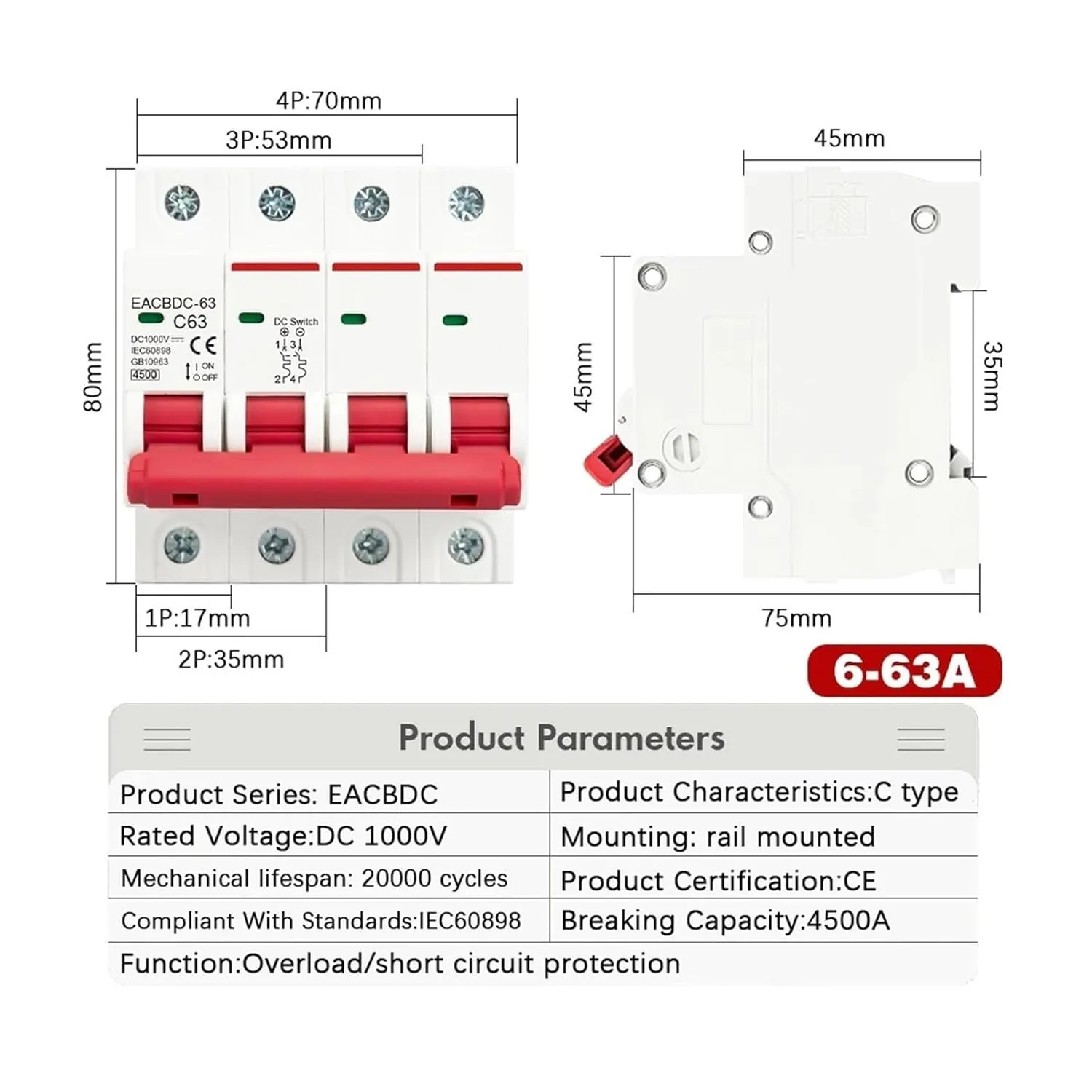 DC 1000V 1P 2P 3P 4P Solar Mini Circuit Breaker Overload Protection Switch6A~63A/80A 100A 125A MCB for Photovoltaic PV System(1P,25A)