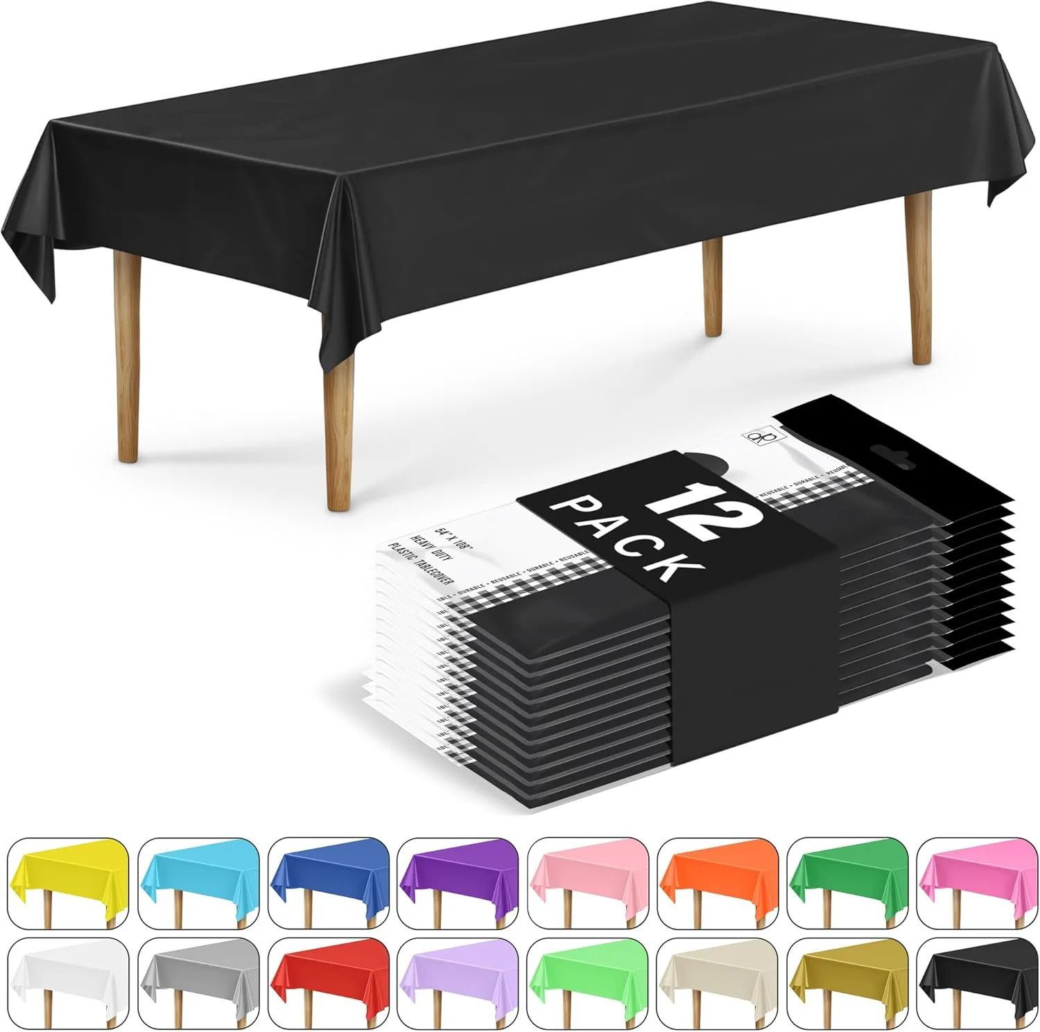 DecorRack 12 Rectangular Tablecloths BPA-Free Plastic, 54 x 108 inch, Dining Table Cloth, Rectangle Table Cover for Parties, Picnic, Camping and Outdoor, Disposable or Reusable, Black (12 Pack)