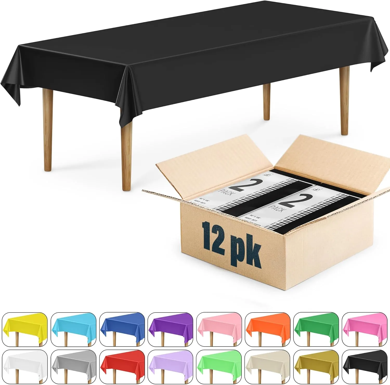 DecorRack 12 Rectangular Tablecloths BPA-Free Plastic, 54 x 108 inch, Dining Table Cloth, Rectangle Table Cover for Parties, Picnic, Camping and Outdoor, Disposable or Reusable, Black (12 Pack)