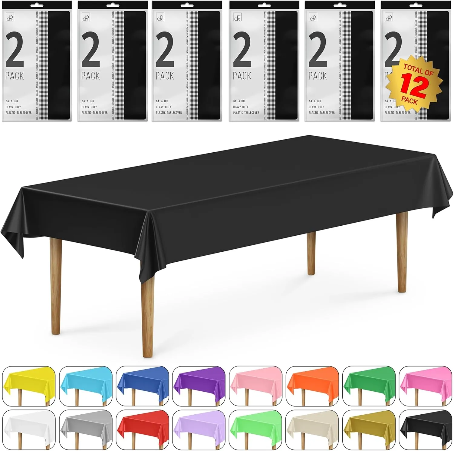 DecorRack 12 Rectangular Tablecloths BPA-Free Plastic, 54 x 108 inch, Dining Table Cloth, Rectangle Table Cover for Parties, Picnic, Camping and Outdoor, Disposable or Reusable, Black (12 Pack)