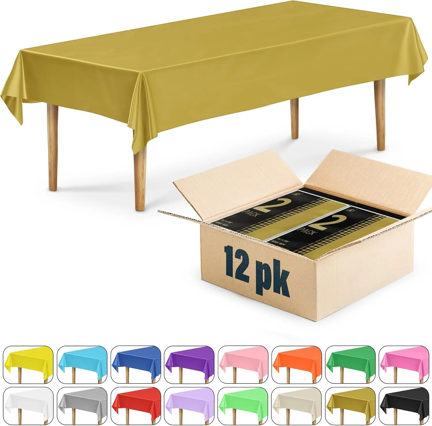 DecorRack 12 Rectangular Tablecloths BPA-Free Plastic, 54 x 108 inch, Dining Table Cloth, Rectangle Table Cover for Parties, Picnic, Camping and Outdoor, Disposable or Reusable, Gold (12 Pack)