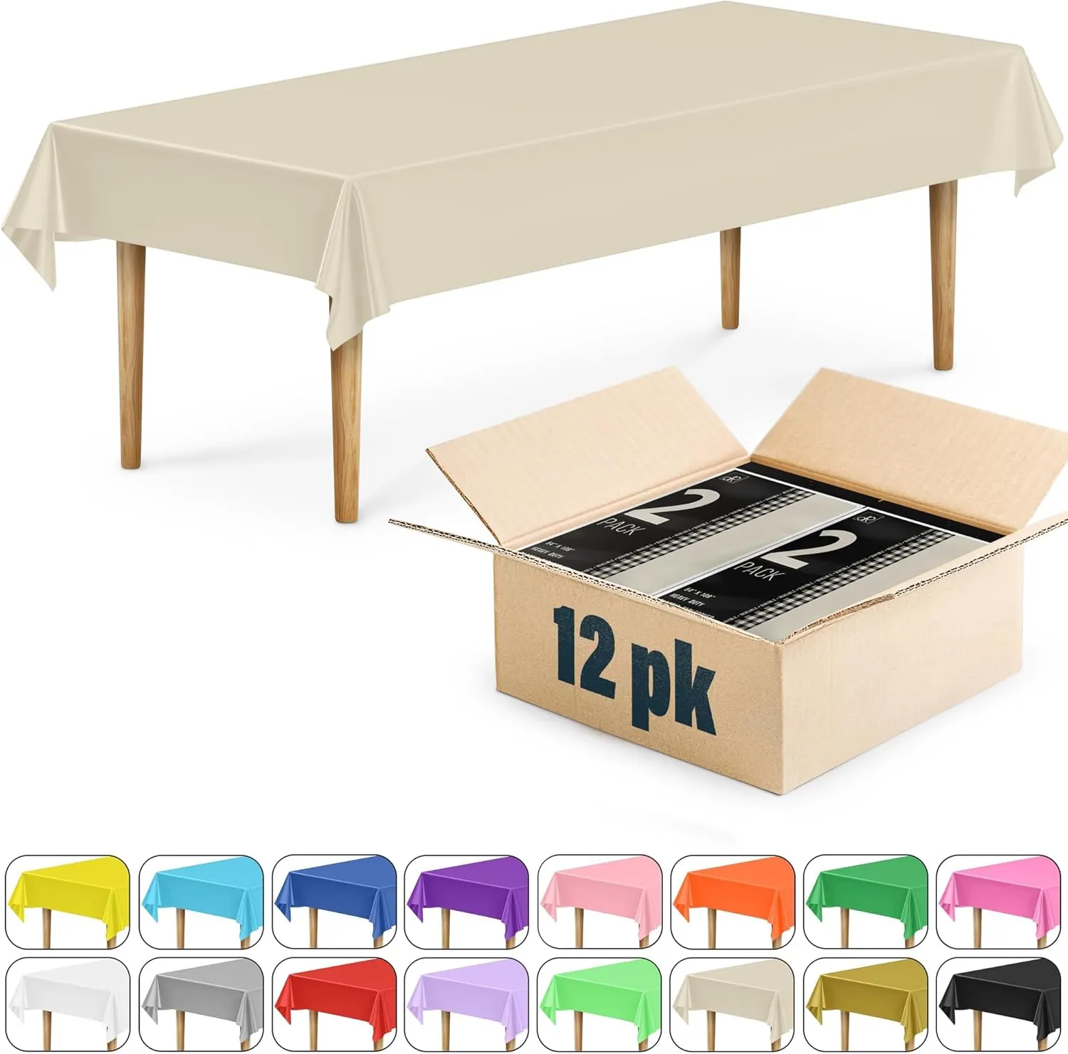 DecorRack 12 Rectangular Tablecloths BPA-Free Plastic, 54 x 108 inch, Dining Table Cloth, Rectangle Table Cover for Parties, Picnic, Camping and Outdoor, Disposable or Reusable, Ivory/Cream (12 Pack)