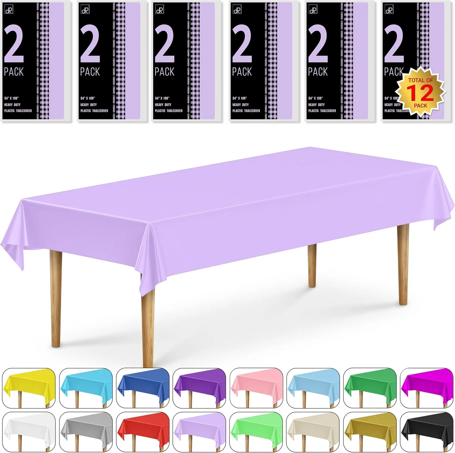 DecorRack 12 Rectangular Tablecloths BPA-Free Plastic, 54 x 108 inch, Dining Table Cloth, Rectangle Table Cover for Parties, Picnic, Camping and Outdoor, Disposable or Reusable, Lavender (12 Pack)